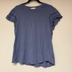 C&C California Eyelet Sleeve Top Womens L Blue Excellent Lace Trim Tee 8916